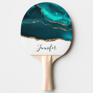 Modern Stylish Teal Agate & Gold Ribbon on White Ping Pong Paddle