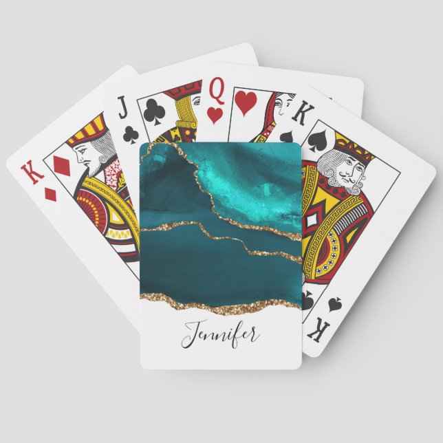 Modern Stylish Teal Agate & Gold Ribbon on White Poker Cards (Back)
