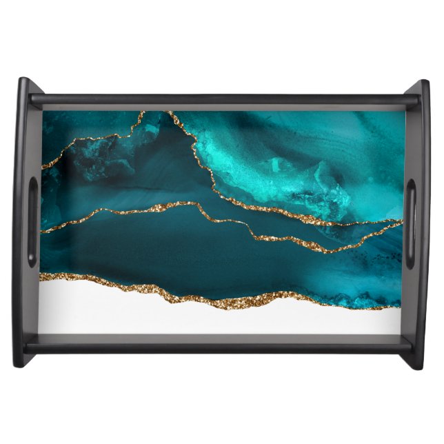 Modern Stylish Teal Agate & Gold Ribbon on White Serving Tray (Front)