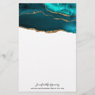 Modern Stylish Teal Agate & Gold Ribbon on White Stationery