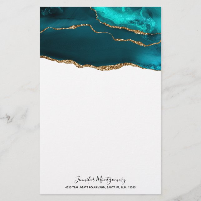 Modern Stylish Teal Agate & Gold Ribbon on White Stationery (Front)