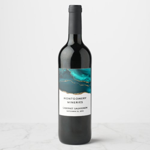 Modern Stylish Teal Agate  Gold Ribbon on White Wine Label