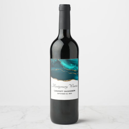 Modern Stylish Teal Agate  Gold Ribbon on White Wine Label