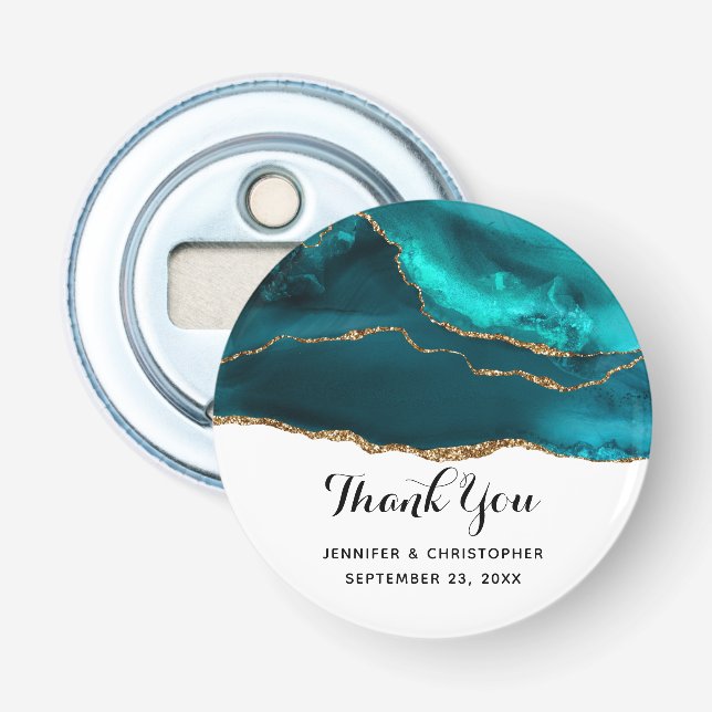 Modern Stylish Teal Agate & Gold Ribbon Wedding Bottle Opener (Front)