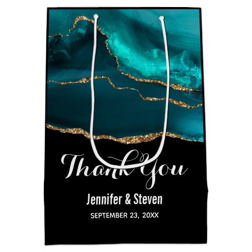 Modern Stylish Teal Agate  Gold Ribbon Wedding Medium Gift Bag