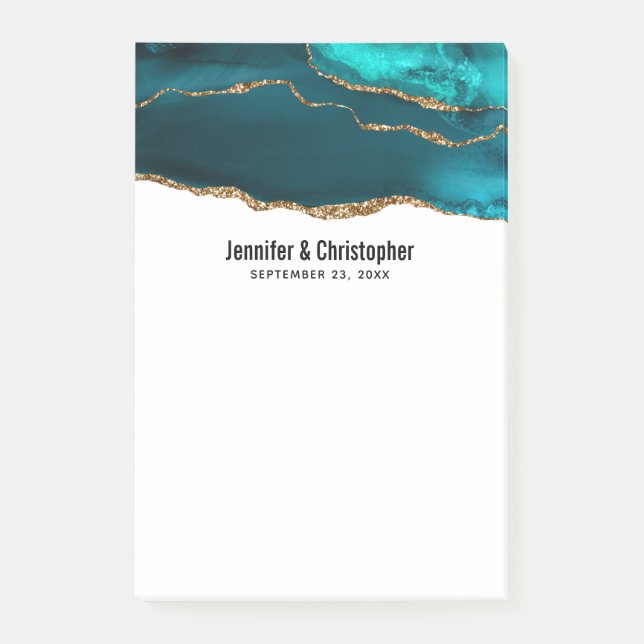 Modern Stylish Teal Agate & Gold Ribbon Wedding Post-it Notes (Front)