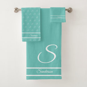  Modern Stylish Teal Blue and White Monogram Bath  Towel Set
