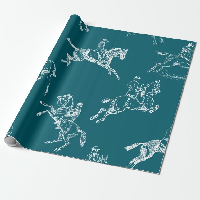 Modern Stylish Teal Blue Horseback Riding Toile Wrapping Paper (Unrolled)