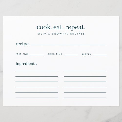 Modern Stylish Teal Cook Eat Repeat Recipe Card