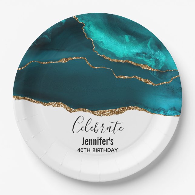 Modern Stylish Teal & Gold Agate on White Birthday Paper Plates (Front)