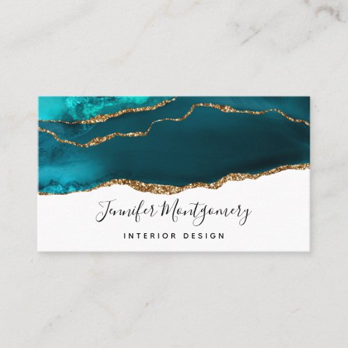 Modern Stylish Teal  Gold Agate on White Business Card