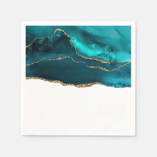 Modern Stylish Teal & Gold Agate on White Napkins (Front)