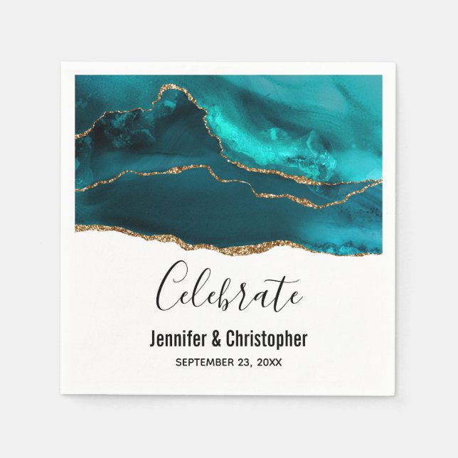 Modern Stylish Teal & Gold Agate on White Napkins (Front)