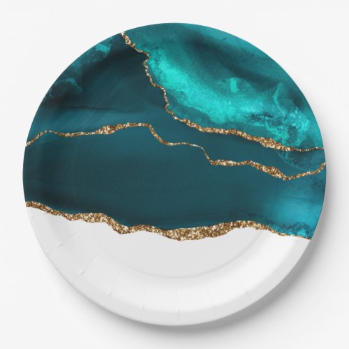 Modern Stylish Teal  Gold Agate on White Paper Plates