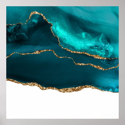 Modern Stylish Teal  Gold Agate on White Poster