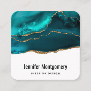 Modern Stylish Teal & Gold Agate on White Square Business Card