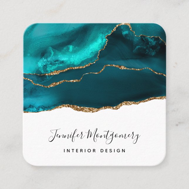 Modern Stylish Teal & Gold Agate on White Square Business Card (Front)