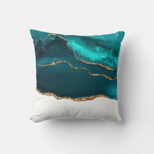 Modern Stylish Teal  Gold Agate on White Throw Pillow