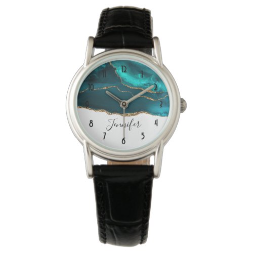 Modern Stylish Teal  Gold Agate on White Watch