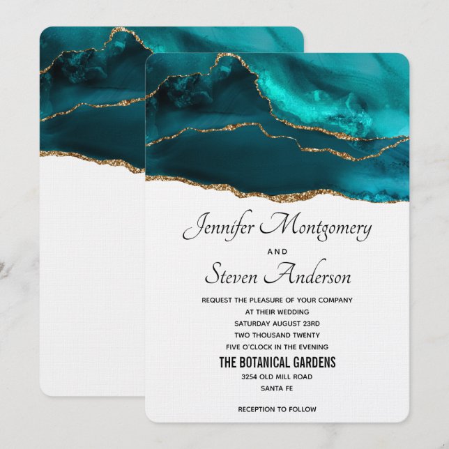 Modern Stylish Teal Gold & White Agate Wedding Invitation (Front/Back)