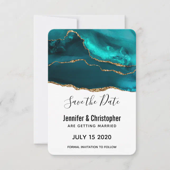 Modern Stylish Teal Gold & White Agate Wedding Save The Date Zazzle