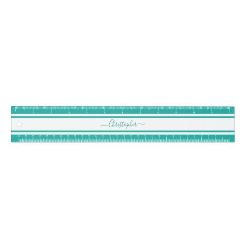 Modern Stylish Teal White Racing Stripes Monogram Ruler