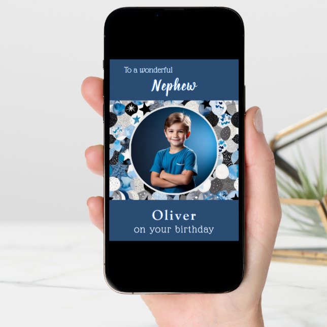 Modern Stylish Trendy 1 Photo Nephew Birthday Card (Front Digital)