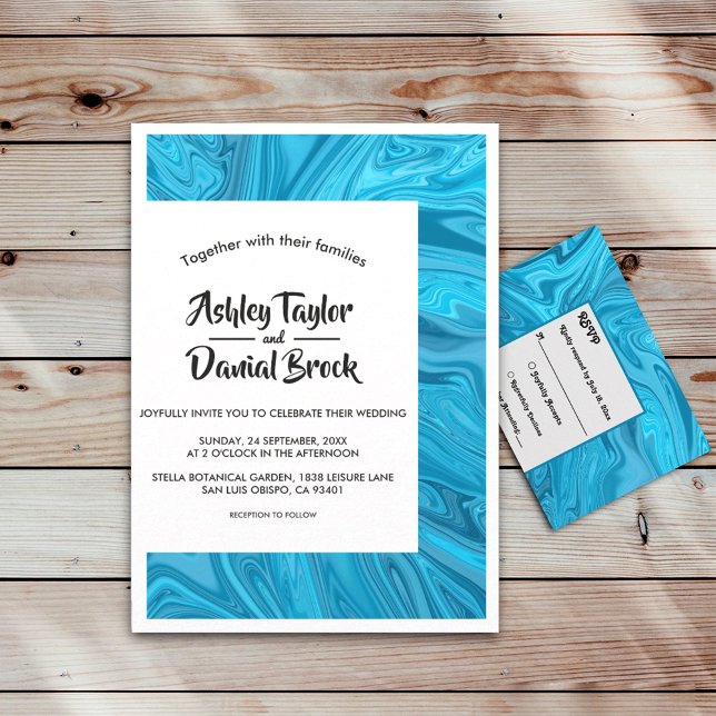 Modern Stylish Trendy Blue Waves Abstract Wedding Invitation (Creator Uploaded)