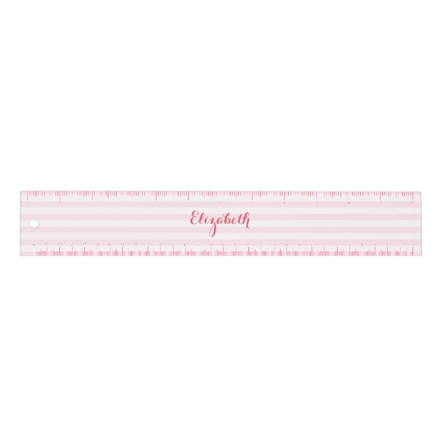 Modern Stylish Trendy Pink White Stripes Monogram Ruler (Front)