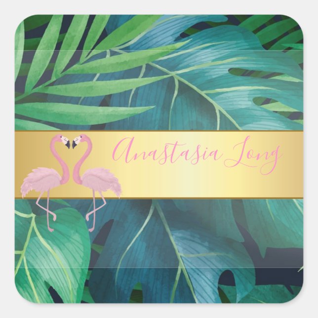 Modern Stylish,Tropical Palm Leaves,Pink Flamingos Square Sticker (Front)