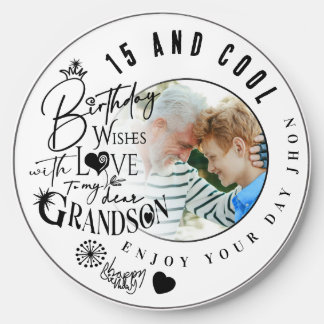Modern Stylish Typography Grandson Birthday Photo  Wireless Charger