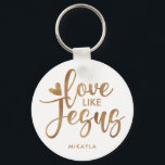 Modern Stylish Typography Love Like Jesus | Gold Keychain<br><div class="desc">This modern, Christian key chain features stylish typography reading, "Love like Jesus" in faux gold foil, with a little heart accent. A great reminder to love Jesus, as well as show His love to others. Great for women and teen or tween girls! A text template is included for simple personalization....</div>