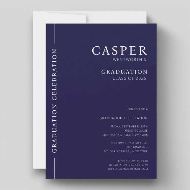 Modern stylish typography navy blue graduate invitation (modern boys graduation invitation class of 2025)