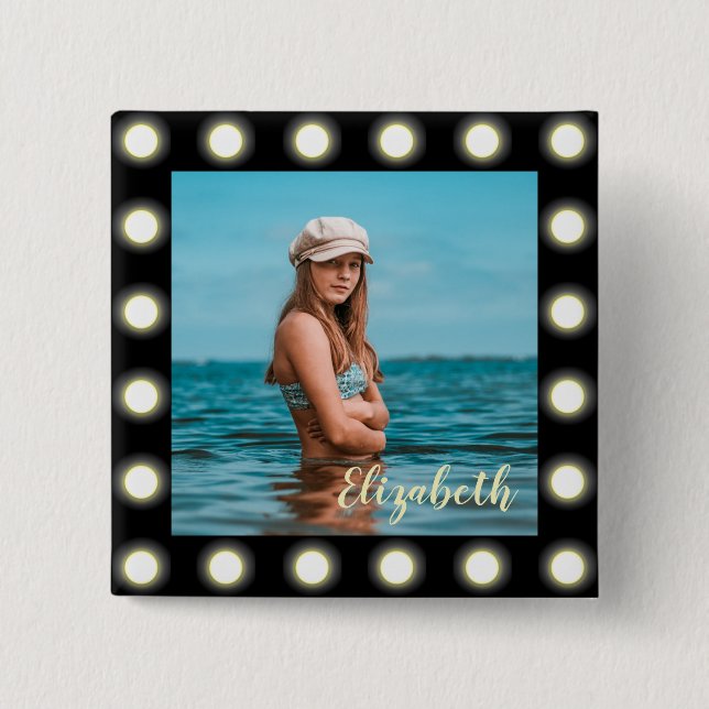 Modern Stylish Unique Black Square Photo Frame Button (Front)