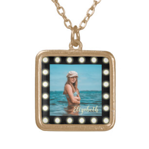Modern Stylish Unique Black Square Photo Frame Gold Plated Necklace
