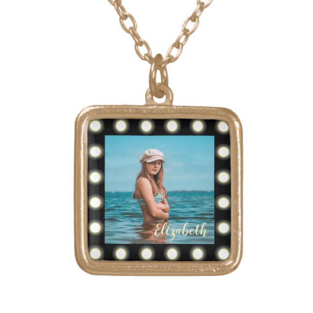 Modern Stylish Unique Black Square Photo Frame Gold Plated Necklace (Front)