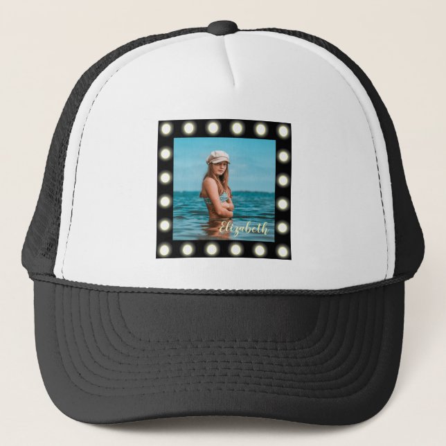 Modern Stylish Unique Black Square Photo Frame Trucker Hat (Front)
