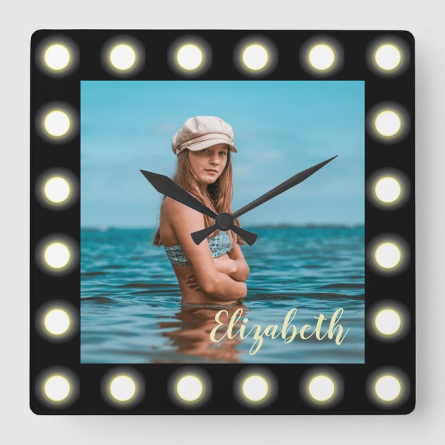 Modern Stylish Unique Black Square Photo Frame Wall Clock (Front)