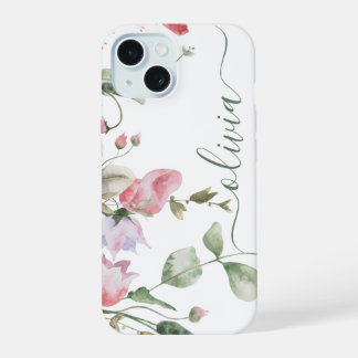 Modern Stylish Watercolor Floral Monogram iPhone 15 Case