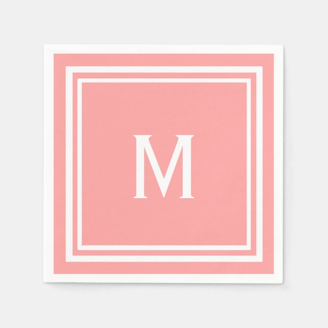 Modern Stylish Watermelon or Coral Pink  Monogram Napkins (Front)