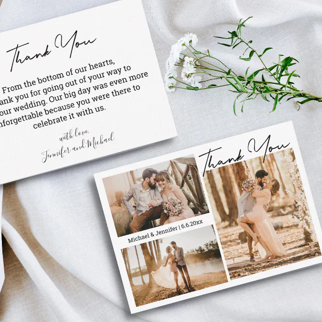modern stylish wedding 3 photos collage thank you note card | Zazzle