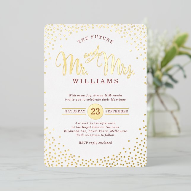 MODERN STYLISH WEDDING confetti marsala gold Foil Invitation (Standing Front)
