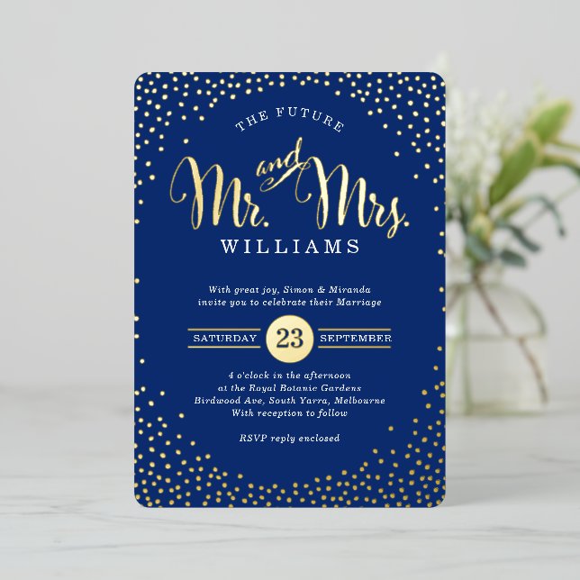 MODERN STYLISH WEDDING confetti navy blue gold Foil Invitation (Standing Front)