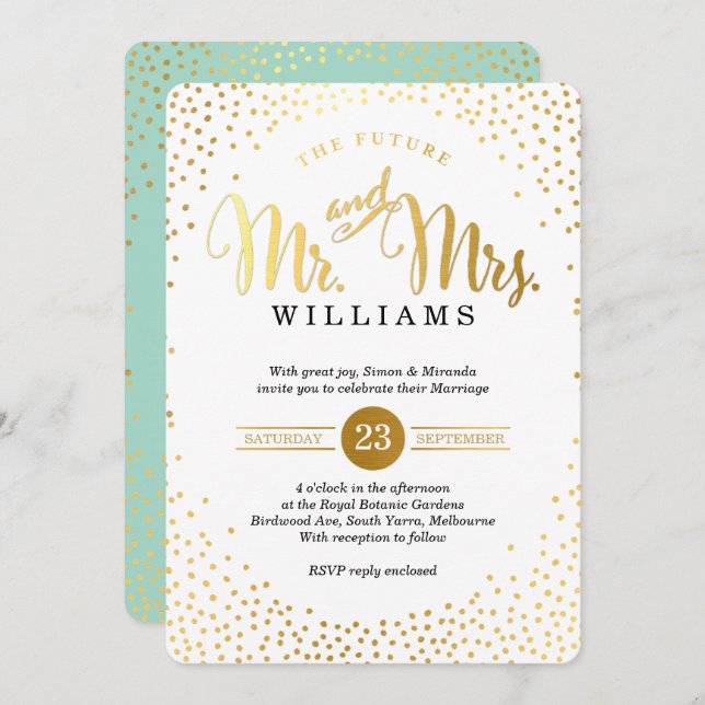MODERN STYLISH WEDDING gold confetti mint black Invitation (Front/Back)