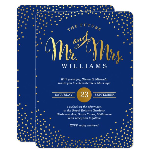 MODERN STYLISH WEDDING Gold Confetti Navy Blue Invitation
