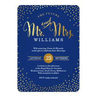 MODERN STYLISH WEDDING gold confetti navy blue Card