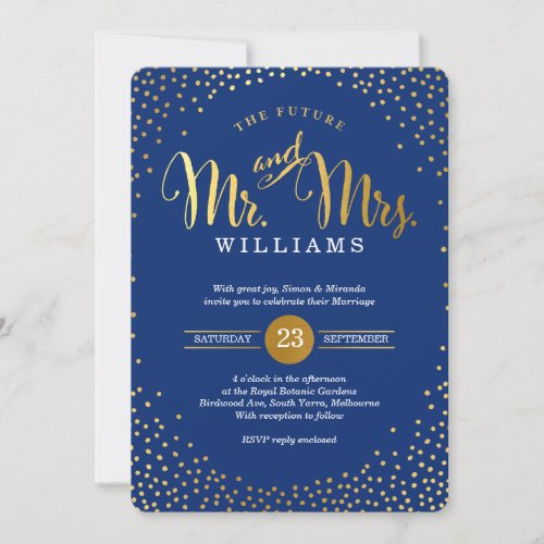 MODERN STYLISH WEDDING gold confetti navy blue 5x7 Paper Invitation Card