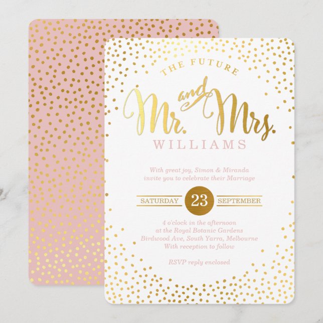 MODERN STYLISH WEDDING gold confetti spot pink Invitation (Front/Back)