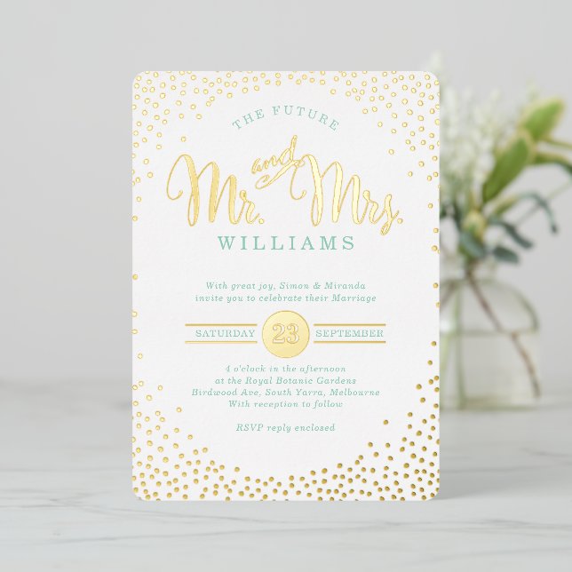 MODERN STYLISH WEDDING mini confetti gold mint Foil Invitation (Standing Front)