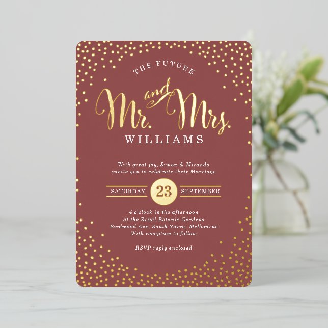 MODERN STYLISH WEDDING mini confetti marsala gold Foil Invitation (Standing Front)
